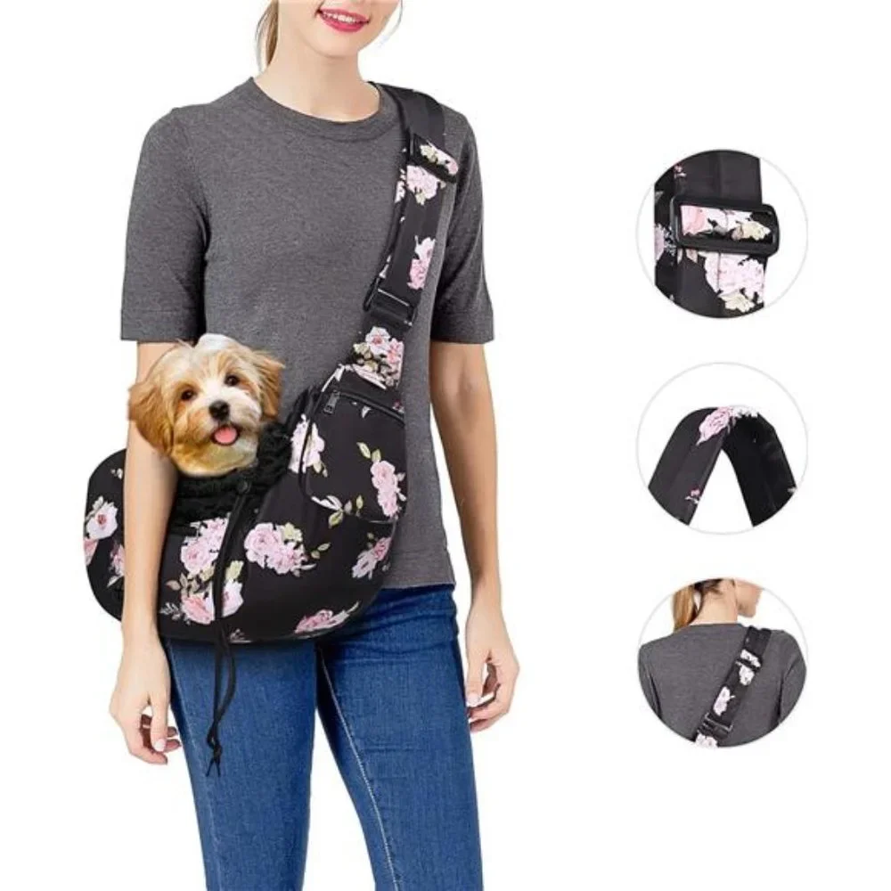 Dog Cat Sling Carrier, Pet Dog Carrier Camellia Tote Bag Hands Free Adjustable